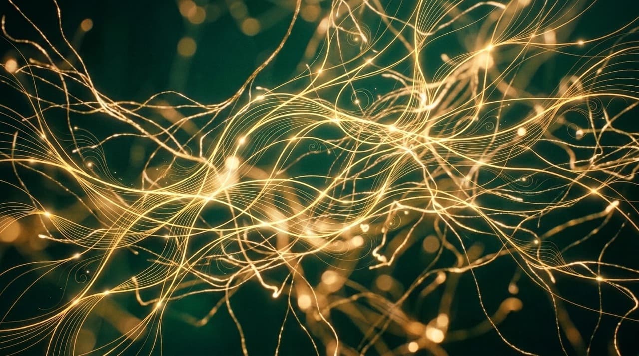 Densely branching neural filaments glowing gold against darkness